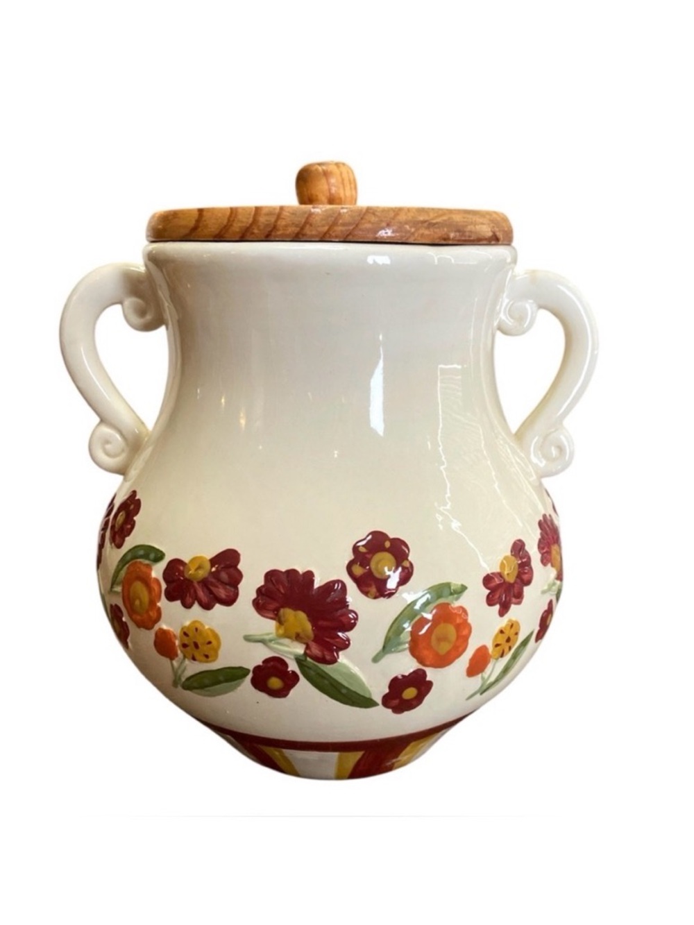 Vintage MSRF French Pottery Handled Jar w/ Wooden Lid Floral Country Ceramic